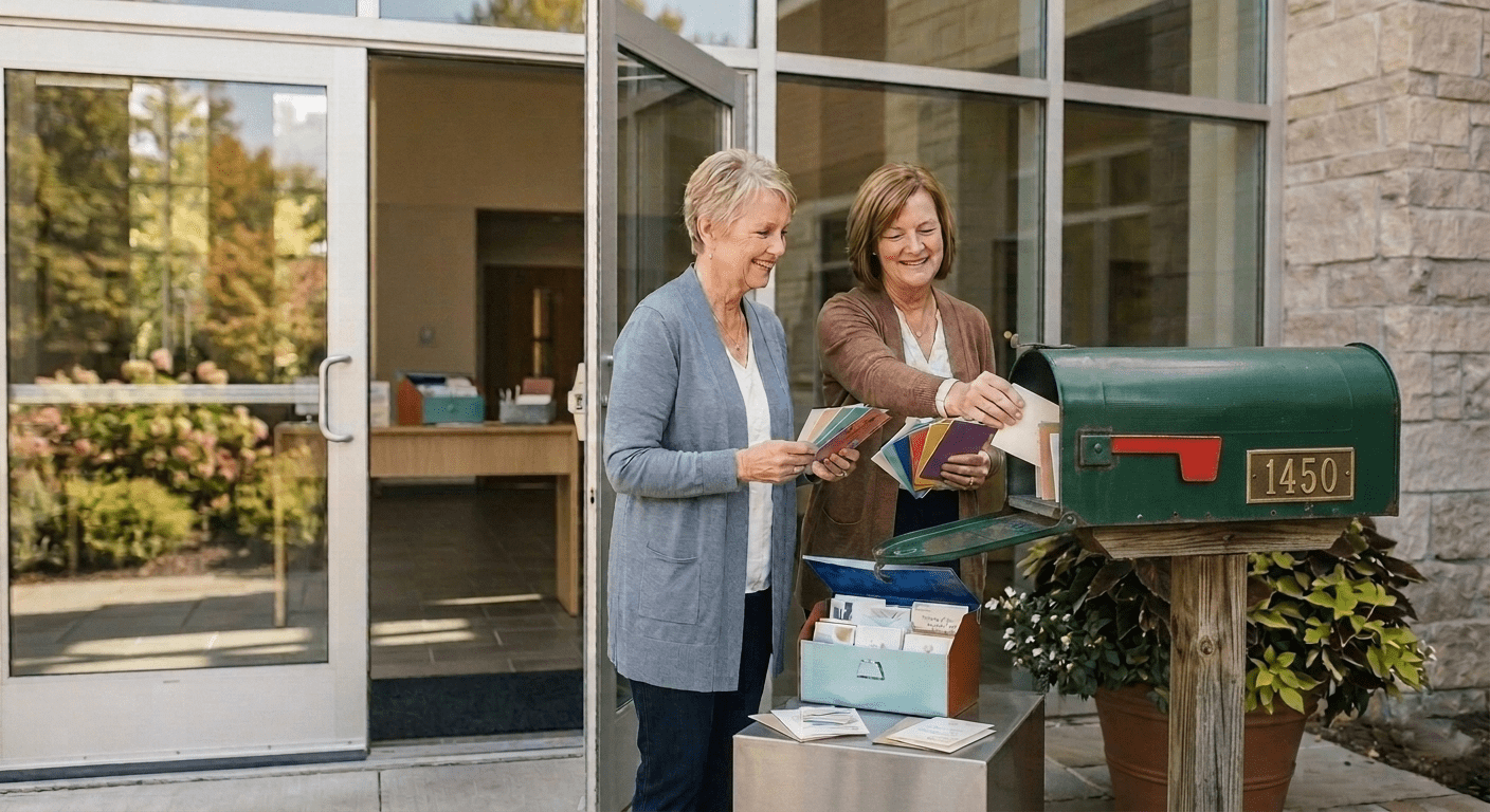 Two women joyfully sort colorful greeting cards outside a mailbox. The scene highlights community connection and the sharing of messages.